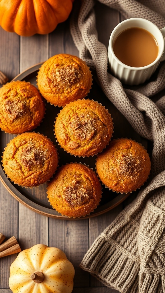 Freshly baked pumpkin spice muffins on a wooden table with coffee.
